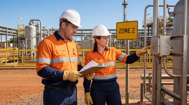Industrial processing facility with classified hazardous area signage.