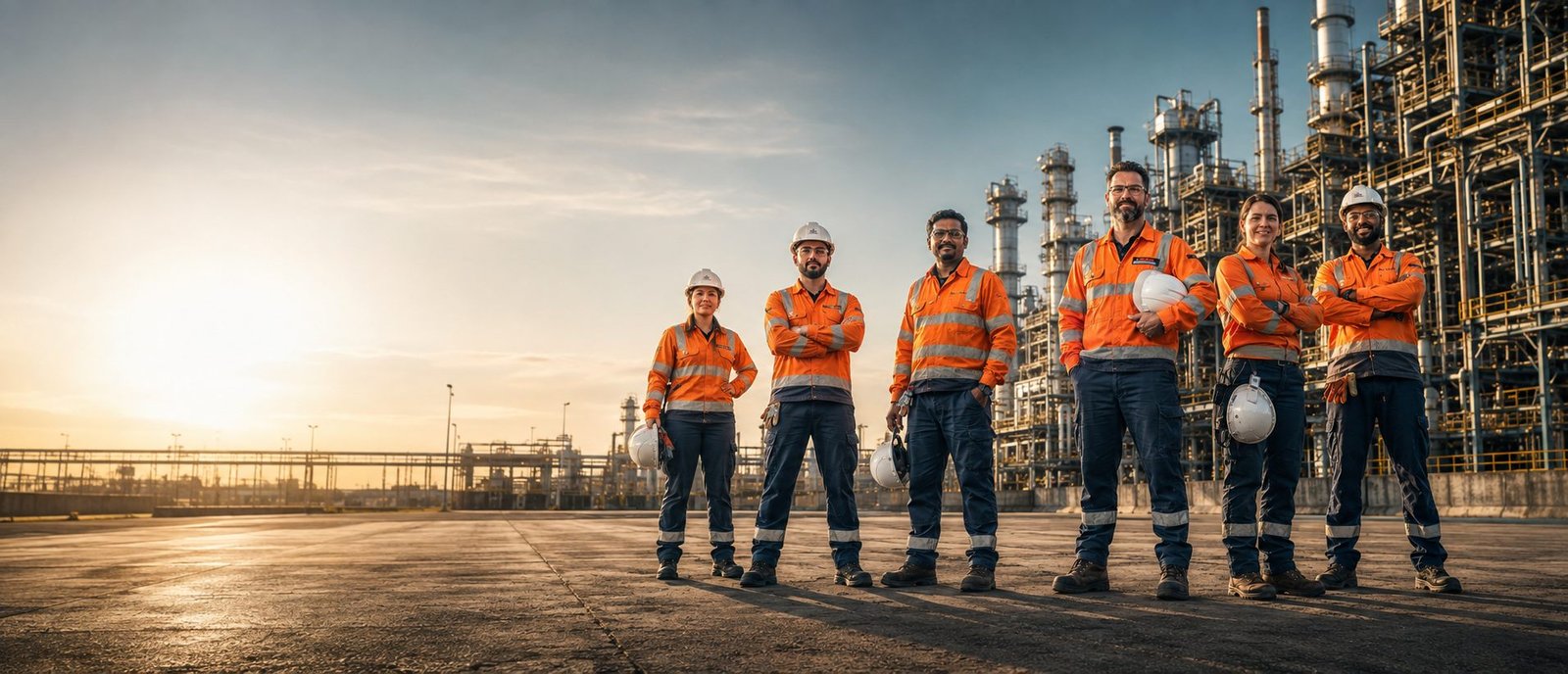 A crew of ROAR-trained industrial workers in high-visibility orange gear standing together on a refinery hardstand at sunset.