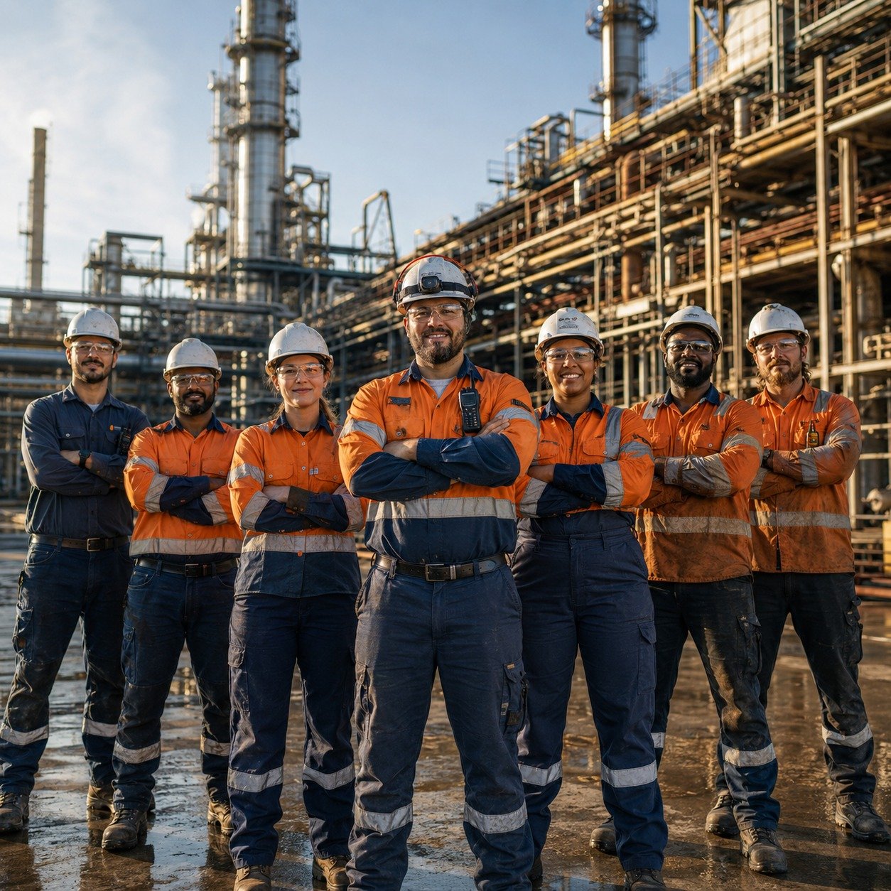 A workforce of industrial tradespeople in high-visibility gear and hard hats standing together in front of a refinery.